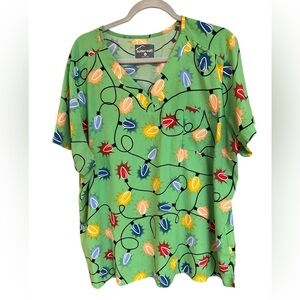 Buttersoft Christmas Holiday Colorful Light Bulb Print Scrub Top 2X